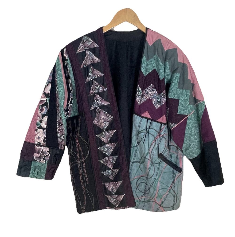 VTG 80s Art To Wear Textile Quilted Jacket Geometric Patchwork Artsy One Size